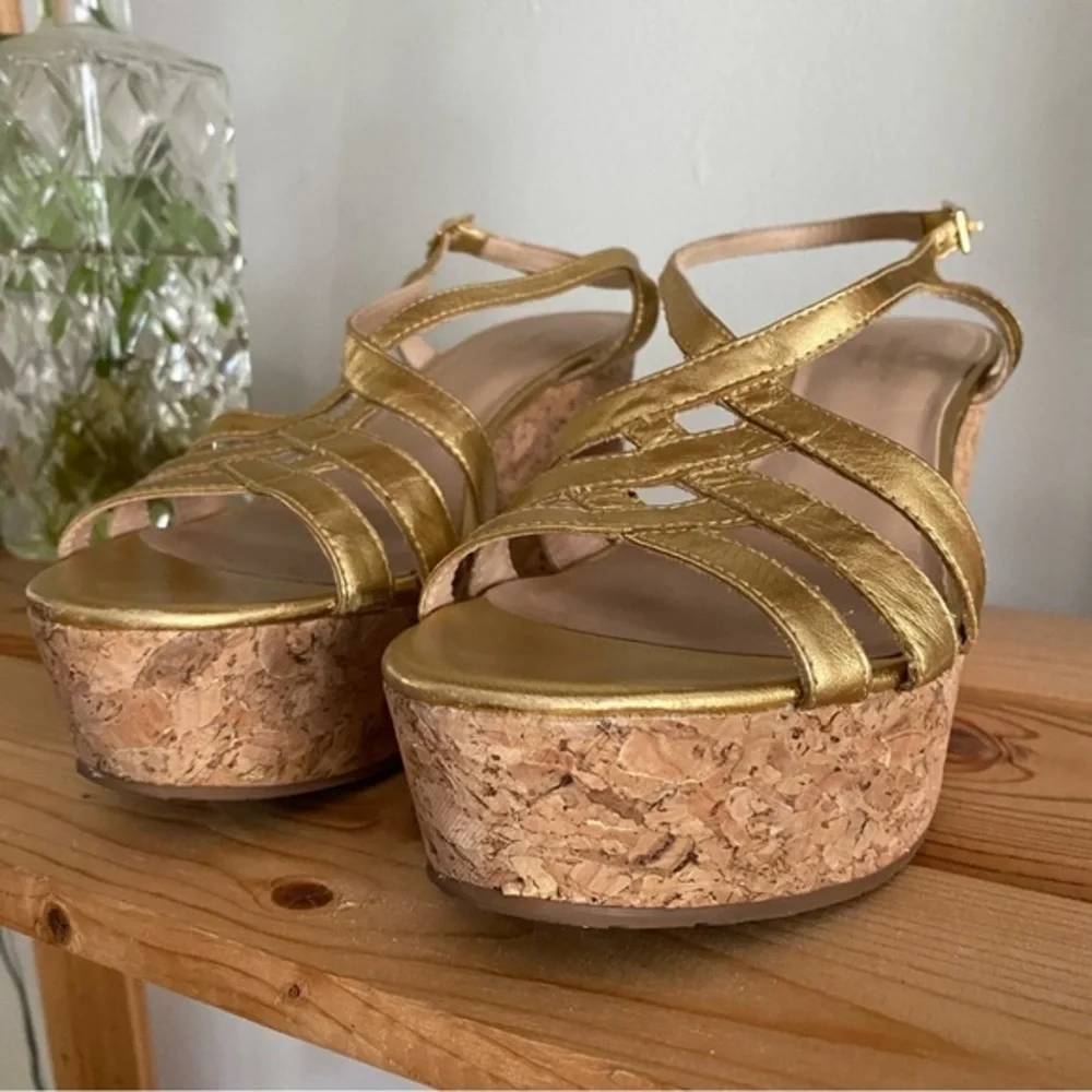 Kate Spade Gold Leather Cork Wedge Platform Sandals 9.5